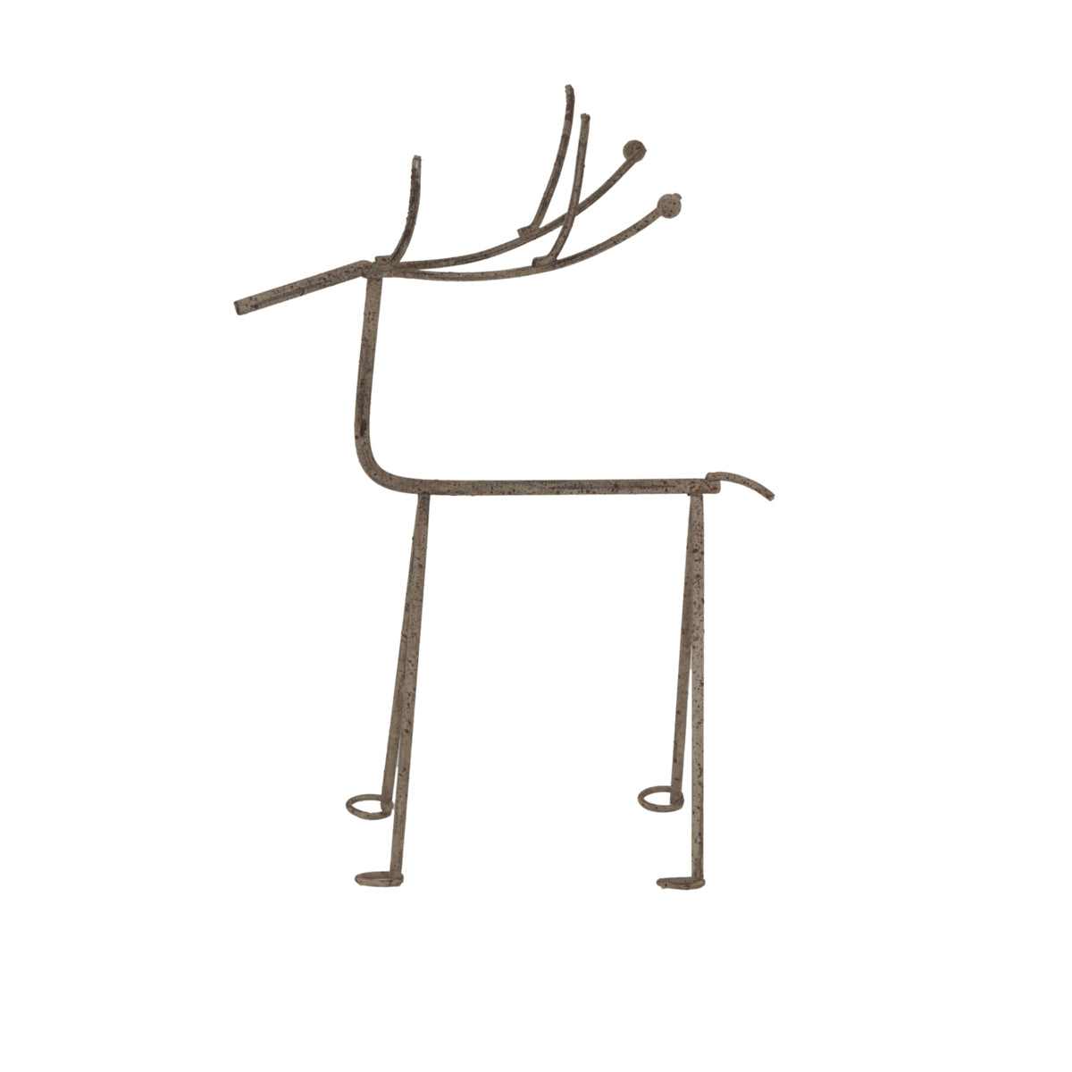 Side view of the minimalist grey reindeer decoration, showing its straight body, curved neck and tail, long legs and mottled surface.