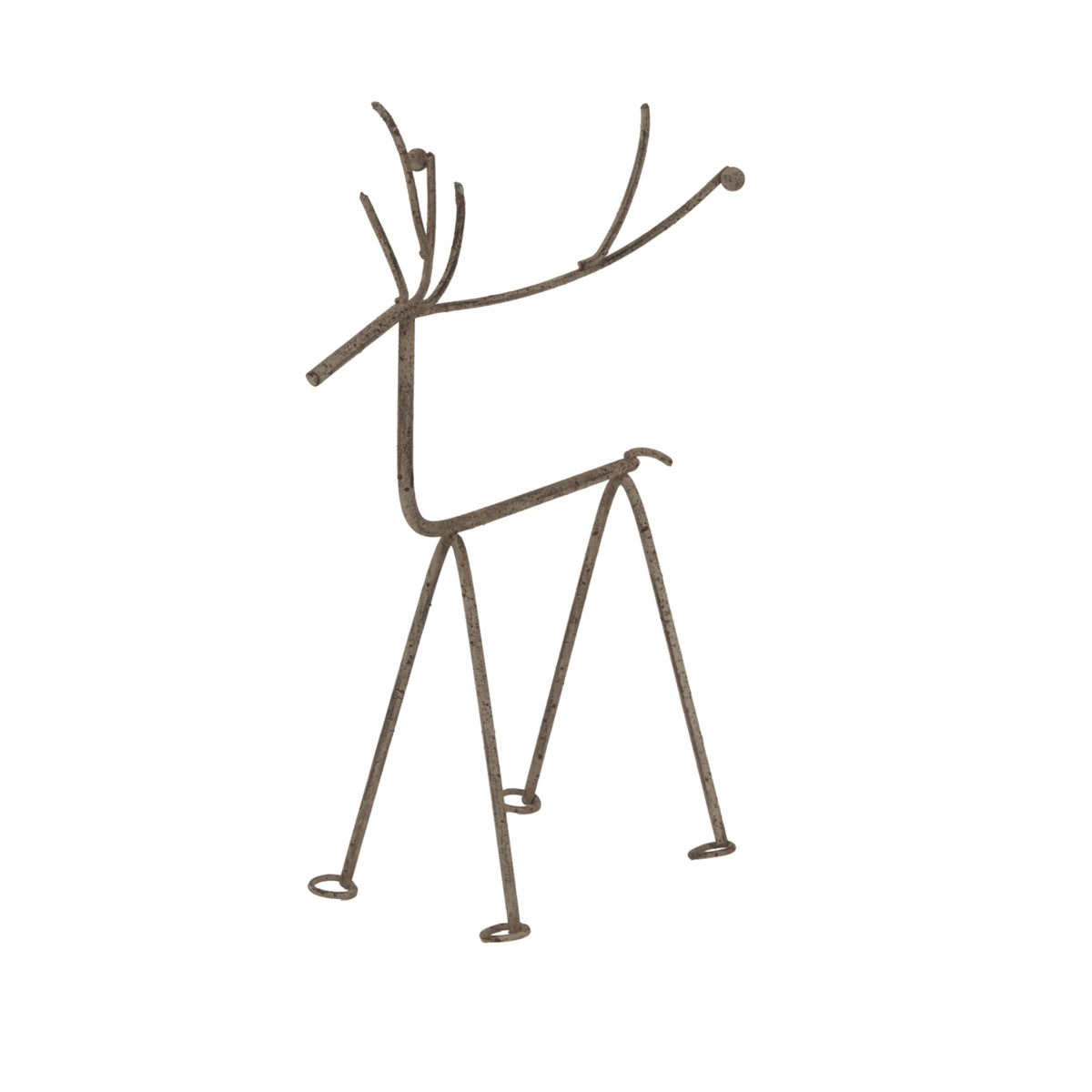 Angled view of a distressed-grey reindeer outline with branching antlers, four slender legs and small circular feet on a white background.