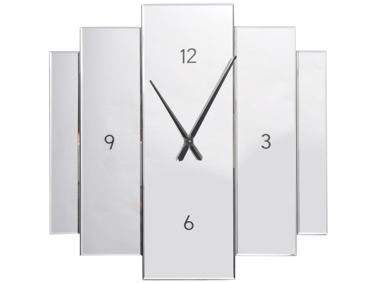 Front view of the Mirage Wall Clock with five stepped mirrored panels, black hands and numerals at 12, 3, 6 and 9.
