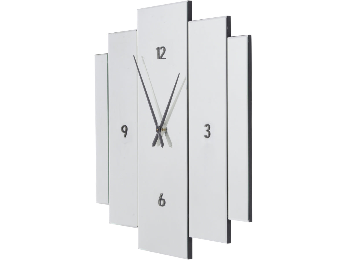 Angled view of the Mirage Wall Clock showing bevelled mirror edges, black panel sides and the hands reflected in the face.