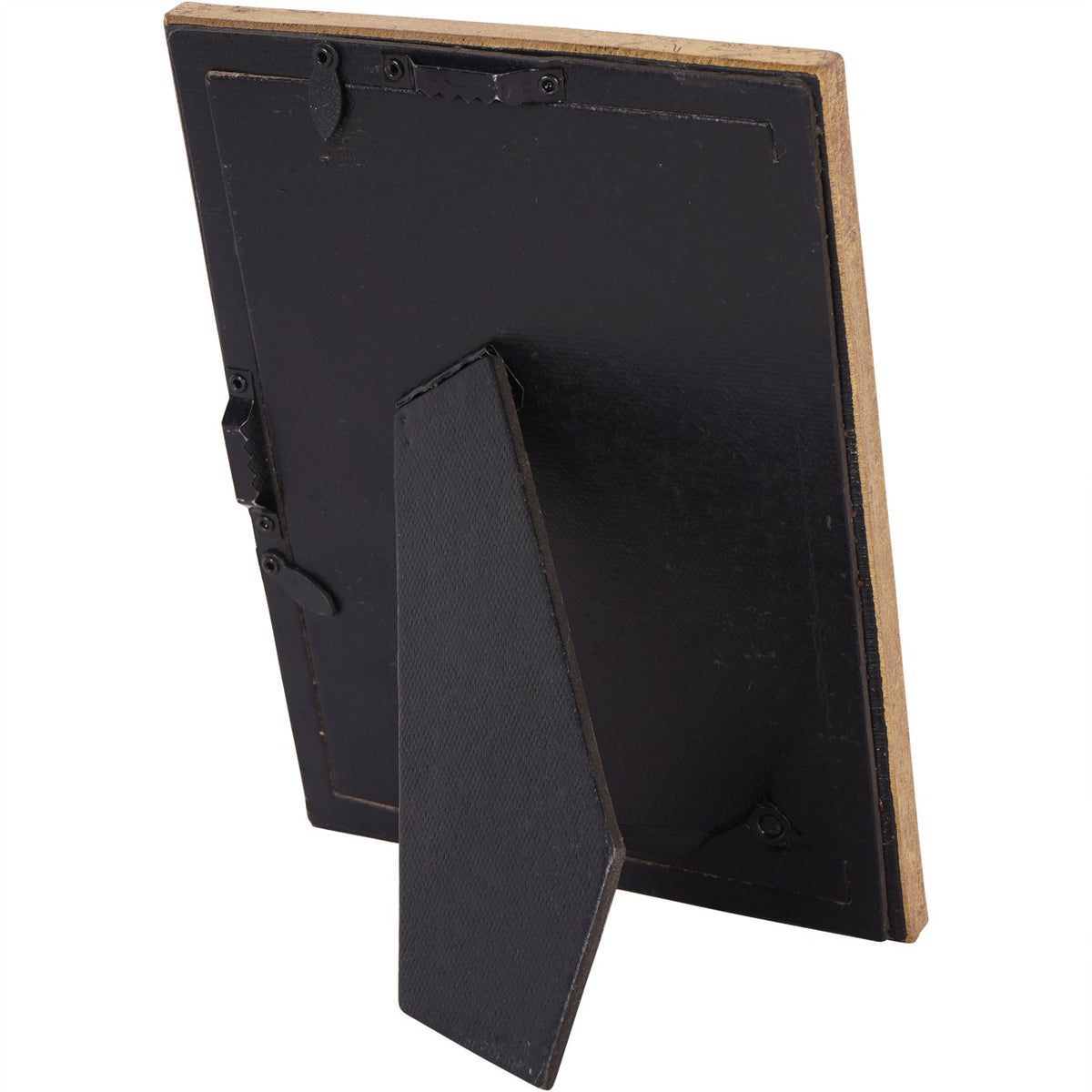 Rear view showing the frame's black backing, extended easel, turn tabs and hanging fittings.