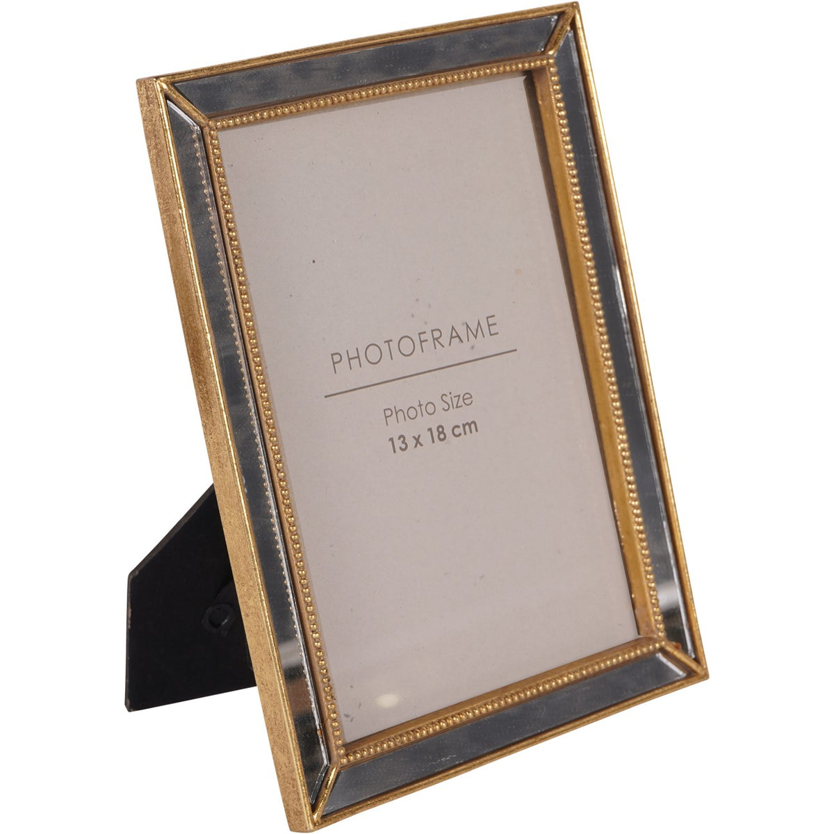 Angled front view of the gold-toned mirrored photo frame with beaded inner trim and its black easel visible behind.