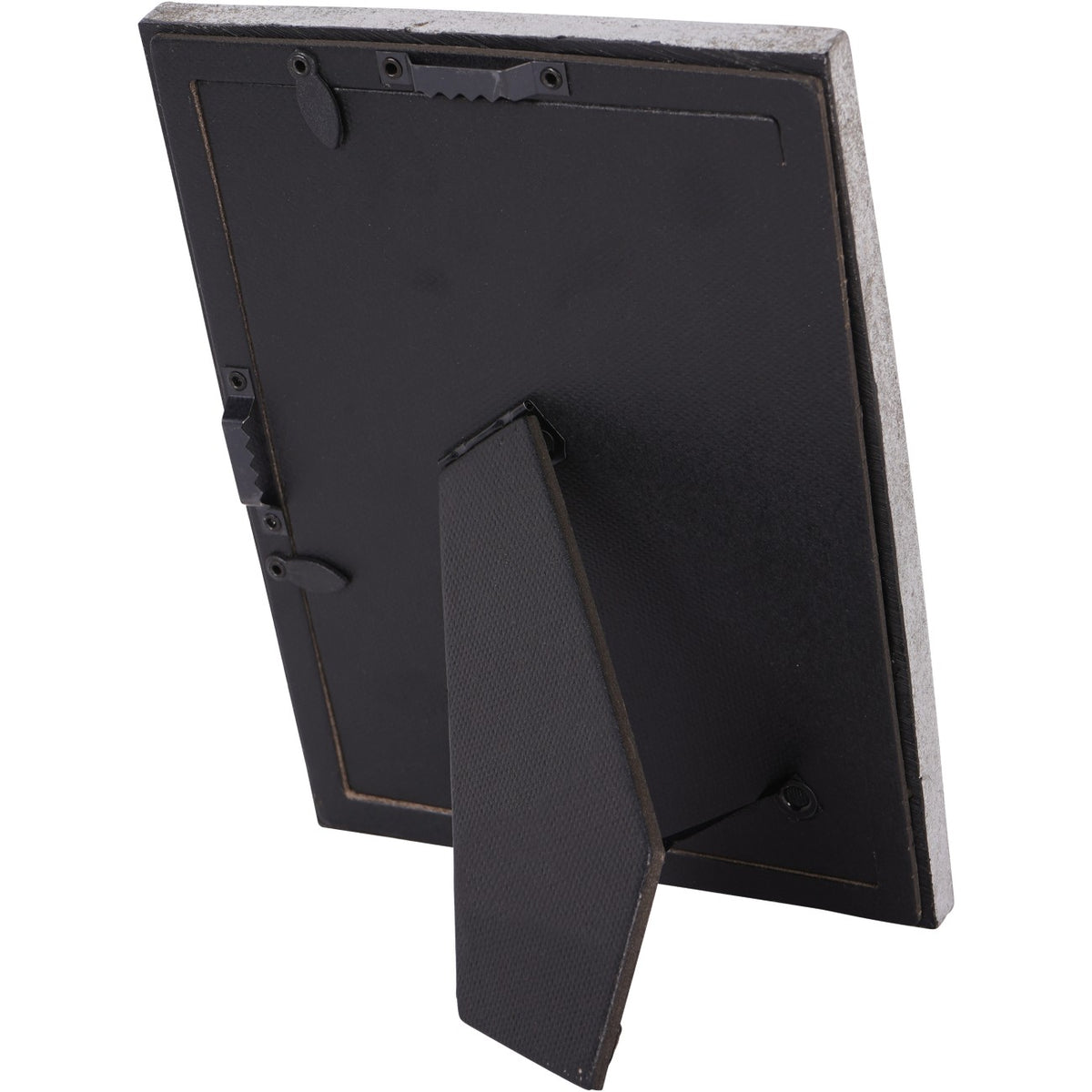 Rear view showing the black backing panel, extended easel support, retaining tabs and two sawtooth wall hangers.