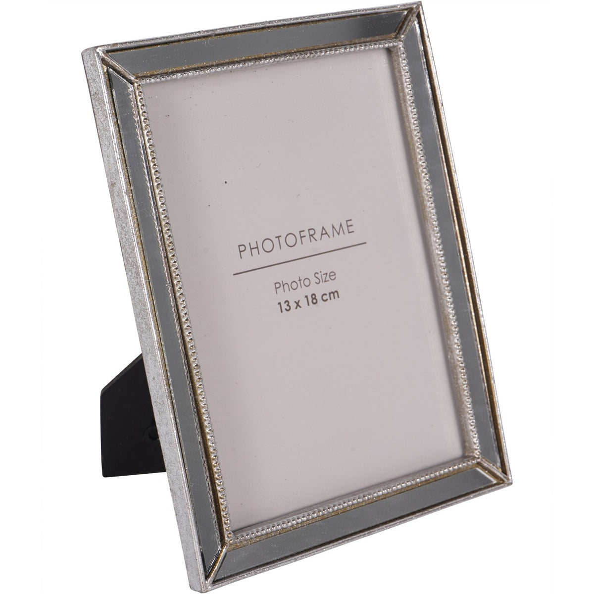 Angled front view of the silver-toned mirrored photo frame with beaded inner trim and its black easel visible behind.