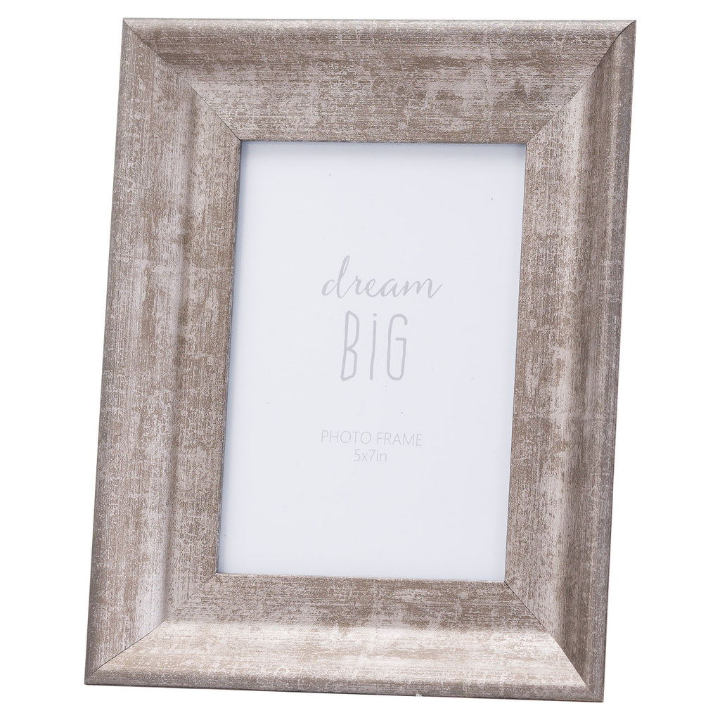 Full front view of the Mitred Rub Photo Frame with a broad silver-grey distressed border and a white placeholder reading dream big.