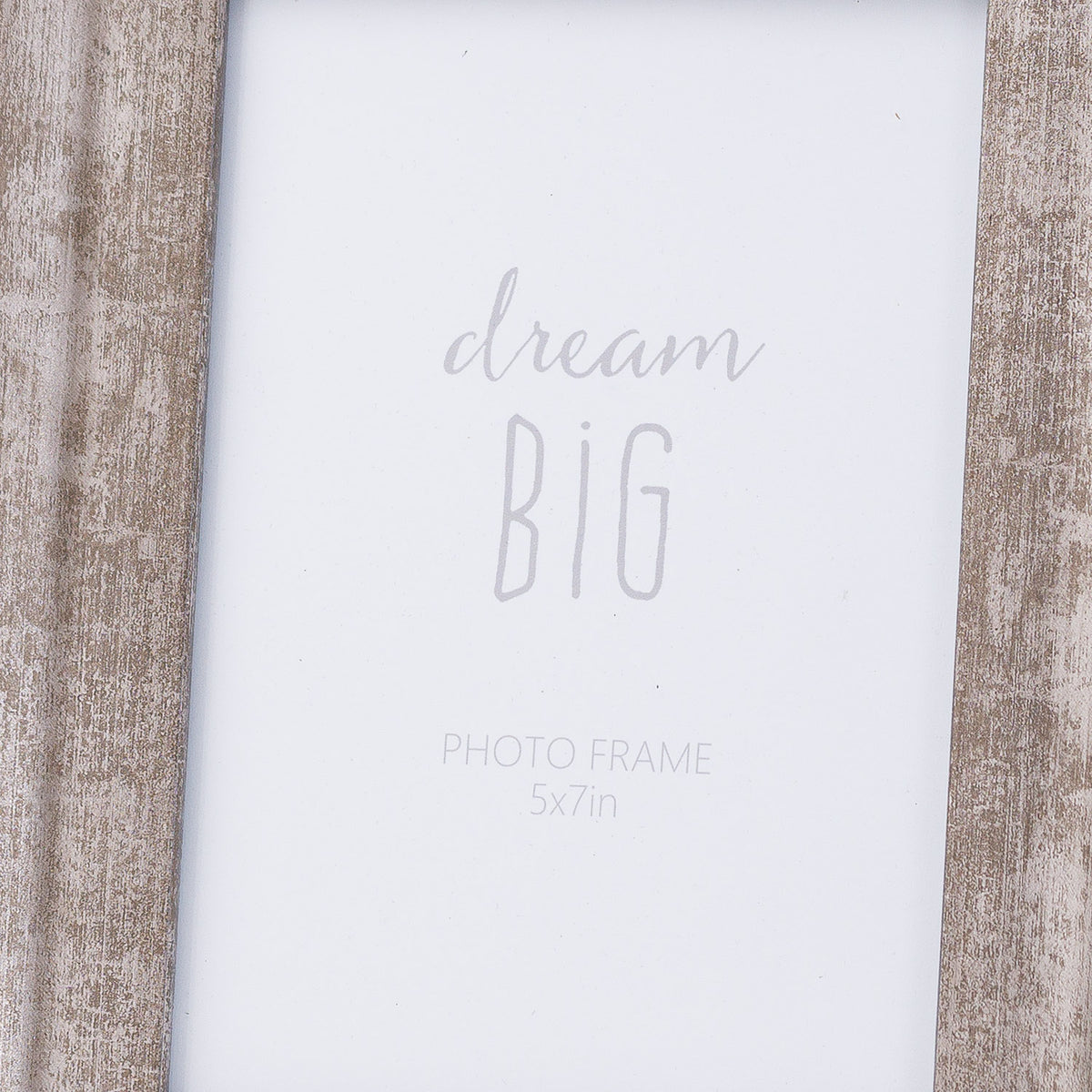 Close-up of the frame's rubbed silver-grey side borders around a white dream big placeholder marked photo frame 5x7in.