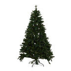 Green artificial Christmas tree shown without glowing lights, with dense branch tiers narrowing to a slender tip above a dark four-foot stand.