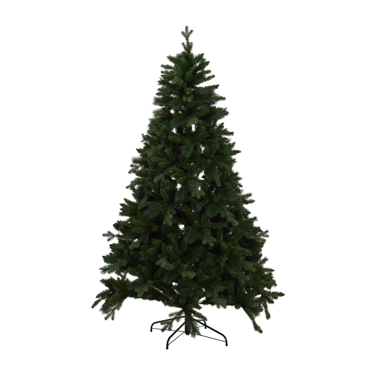 Green artificial Christmas tree shown without glowing lights, with dense branch tiers narrowing to a slender tip above a dark four-foot stand.