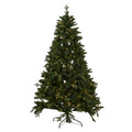 Full view of a green artificial Christmas tree with warm-coloured bulbs glowing among its tapered branches and a dark curved stand below.