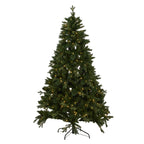 Full view of a green artificial Christmas tree with warm-coloured bulbs glowing among its tapered branches and a dark curved stand below.