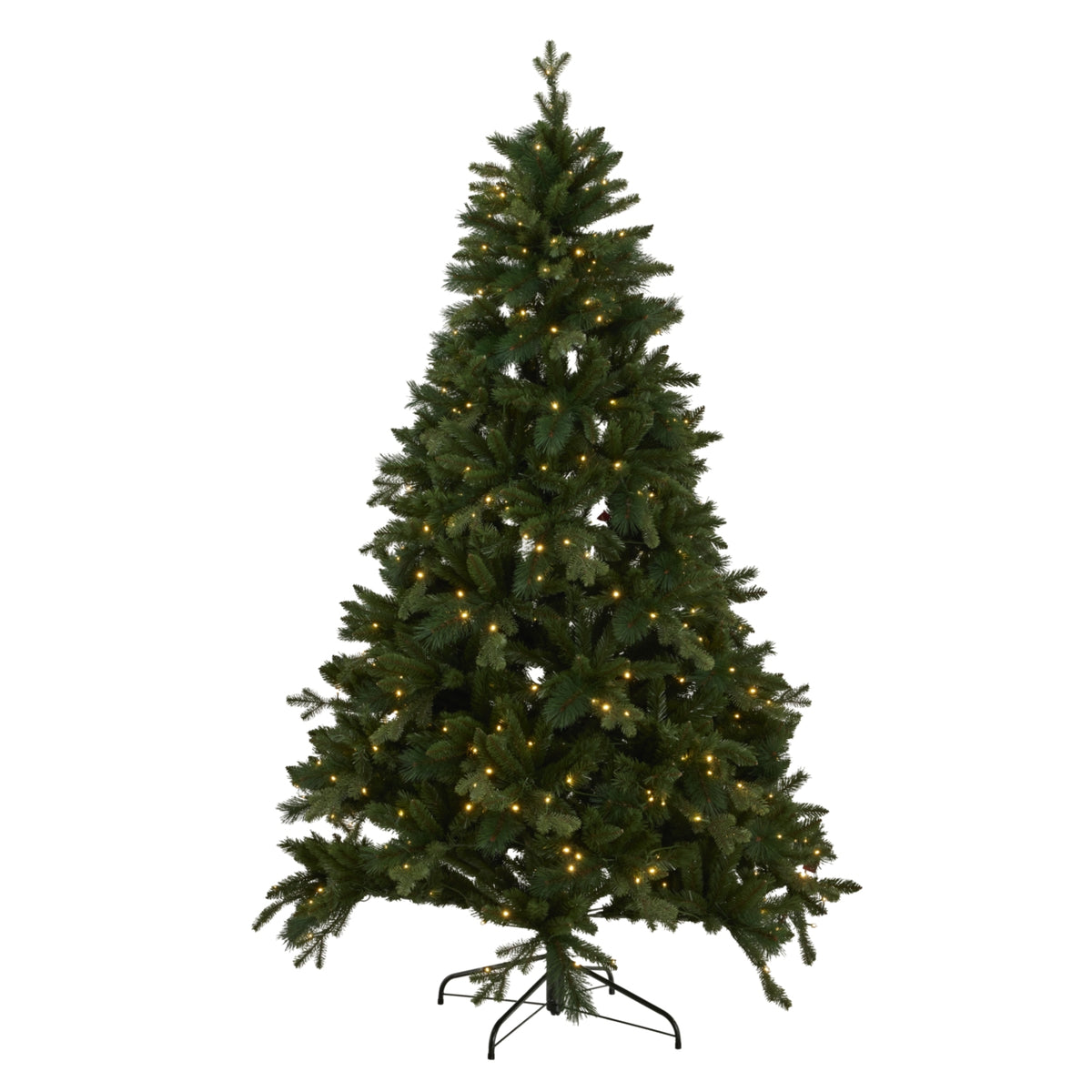 Full view of a green artificial Christmas tree with warm-coloured bulbs glowing among its tapered branches and a dark curved stand below.