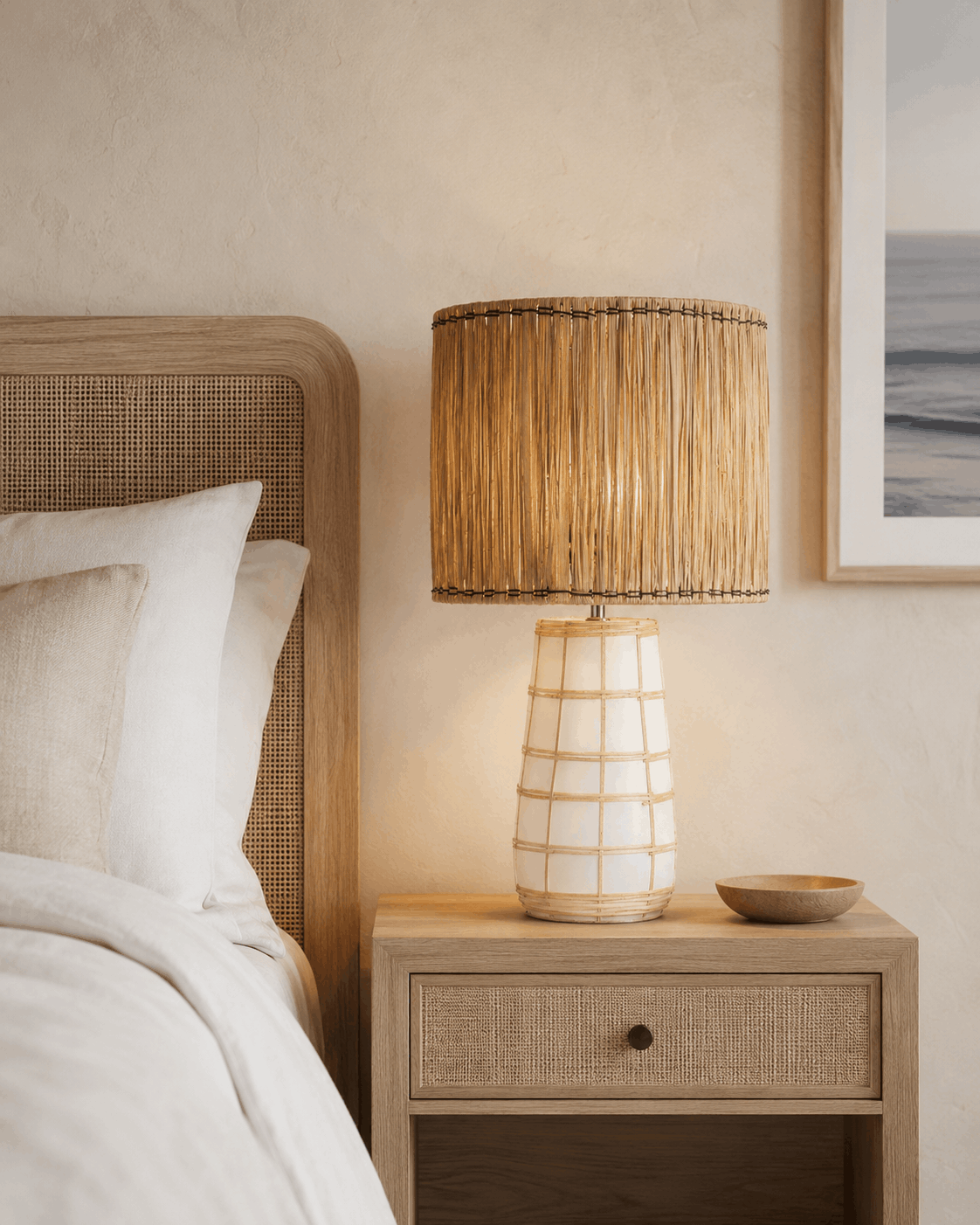 Molokai Terracotta & Rattan Table Lamp – White Natural – styled as a bedside lamp