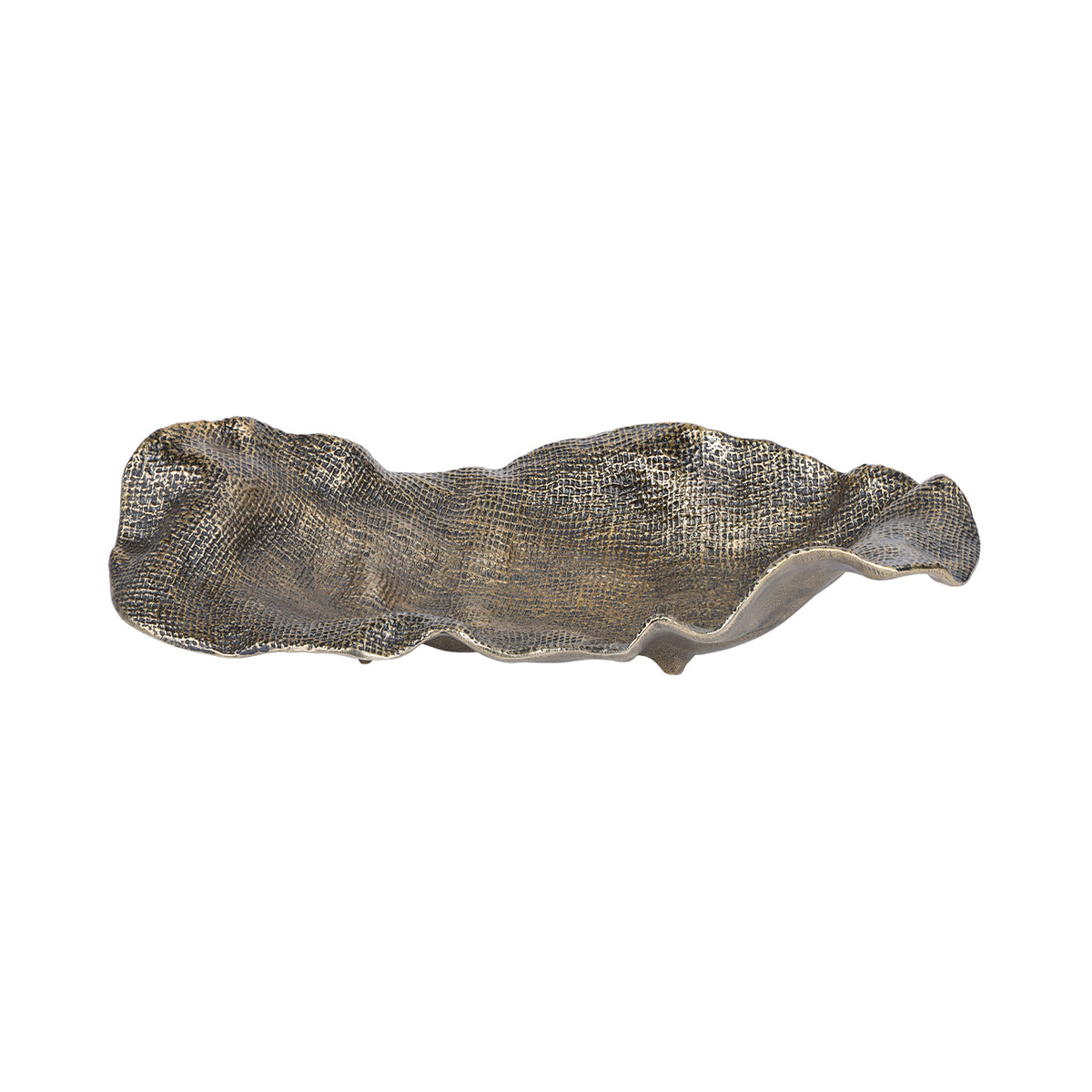 Side view of the platter showing the uneven folded rim and small feet beneath its elongated body.