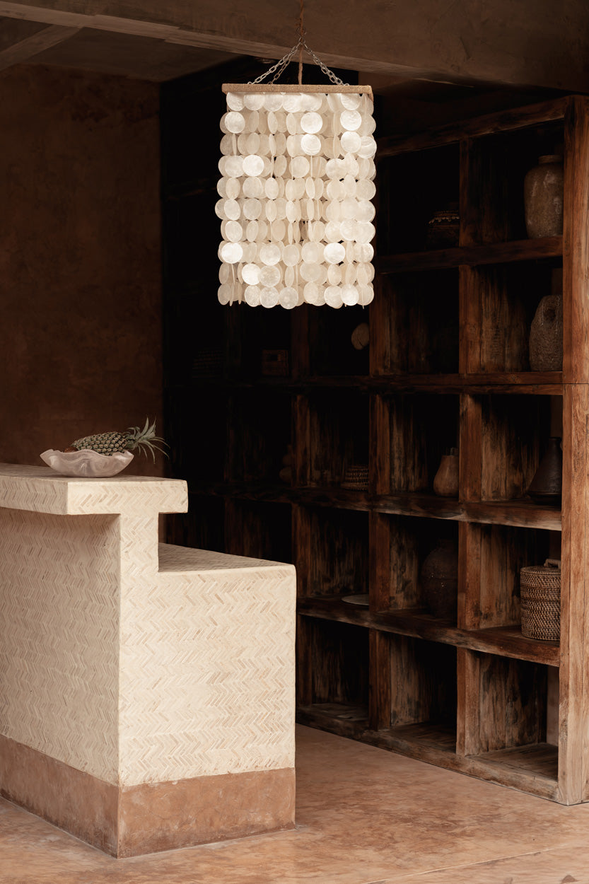 Moonlit Whispers Shell Chandelier – Natural, Medium — styled in a dark interior