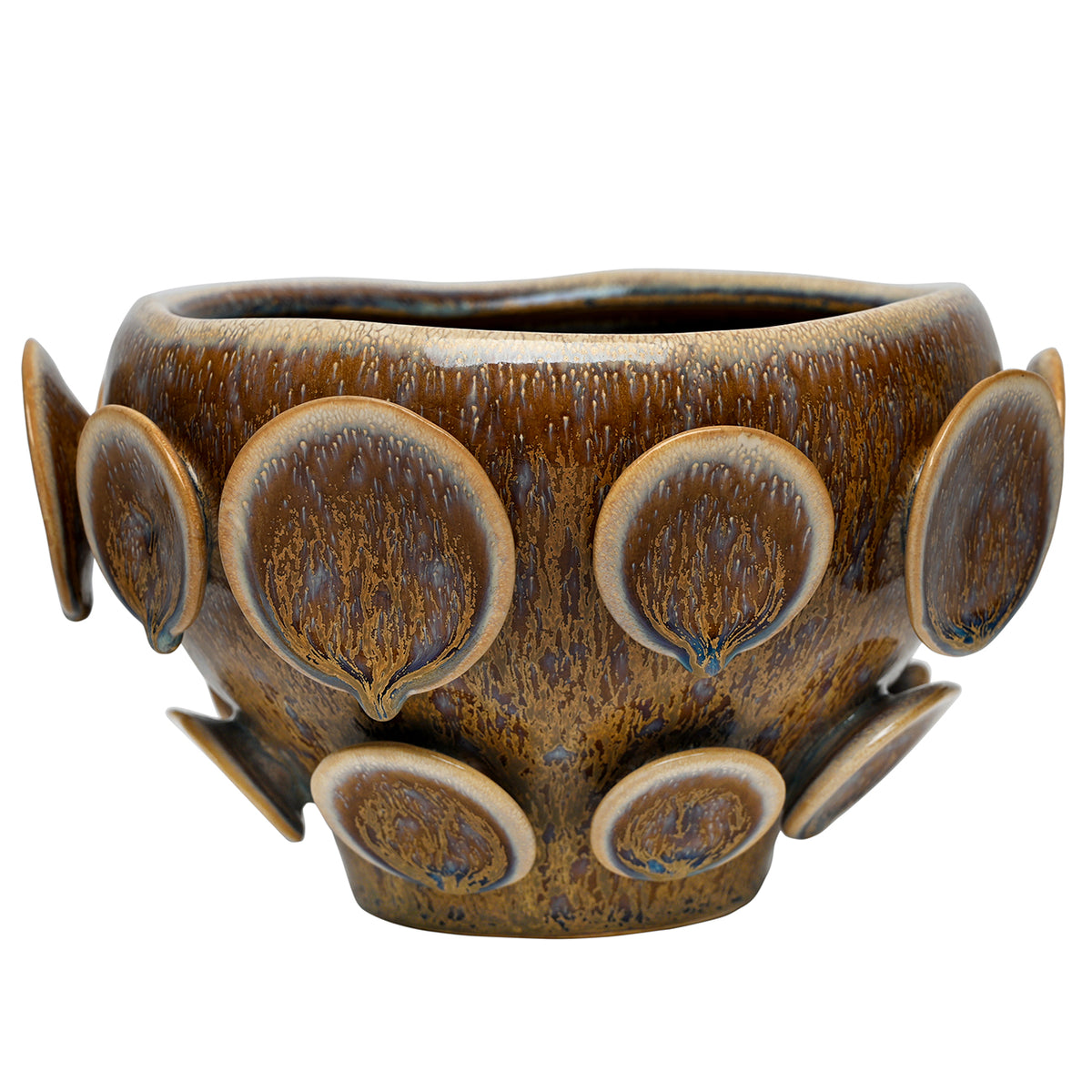 Front view of the brown Mosaic Planter, showing its low rounded body and two offset rows of raised teardrop motifs.