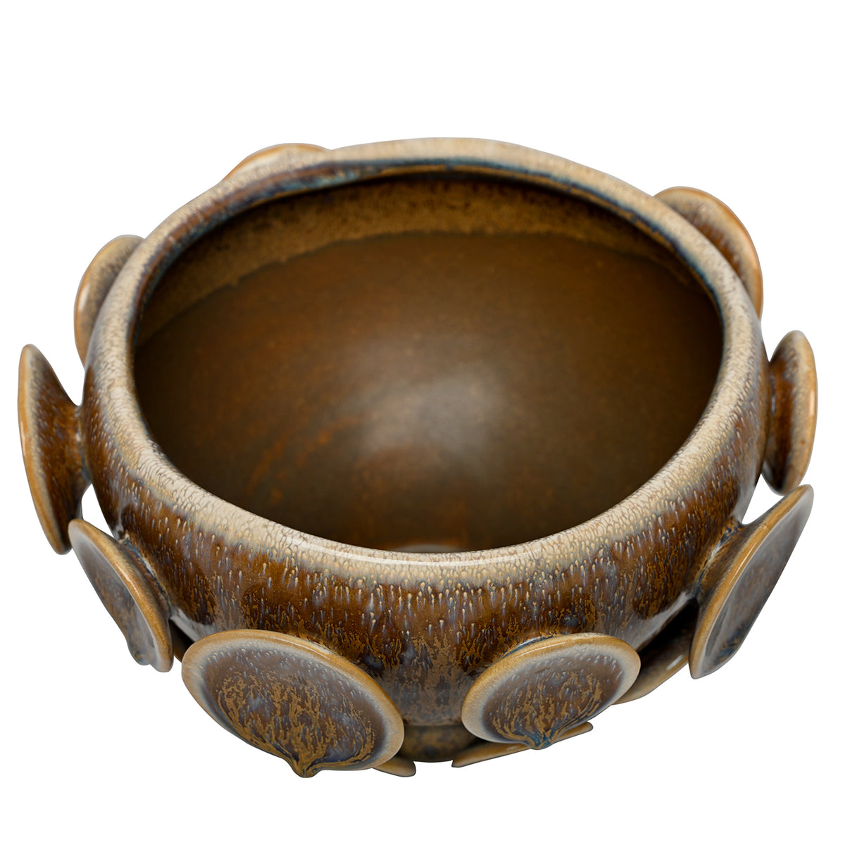 View from above showing the planter’s broad opening, smooth brown interior and projecting motifs around the sides.