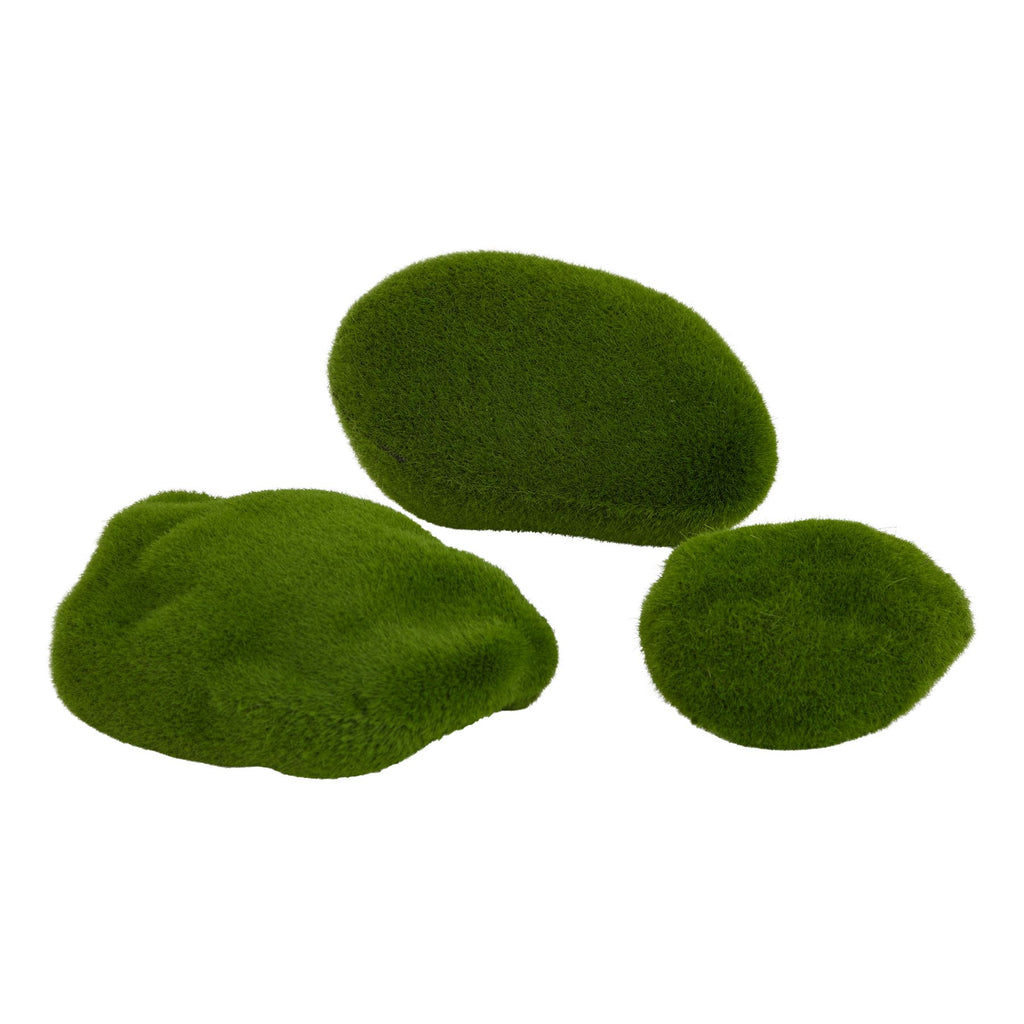 Three green artificial moss mounds on white, with a tall oval form behind two lower irregular shapes.