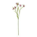 Full view of an artificial flower stem with green branches, narrow pointed leaves and hanging purple, pink and cream bell-shaped blooms on white.
