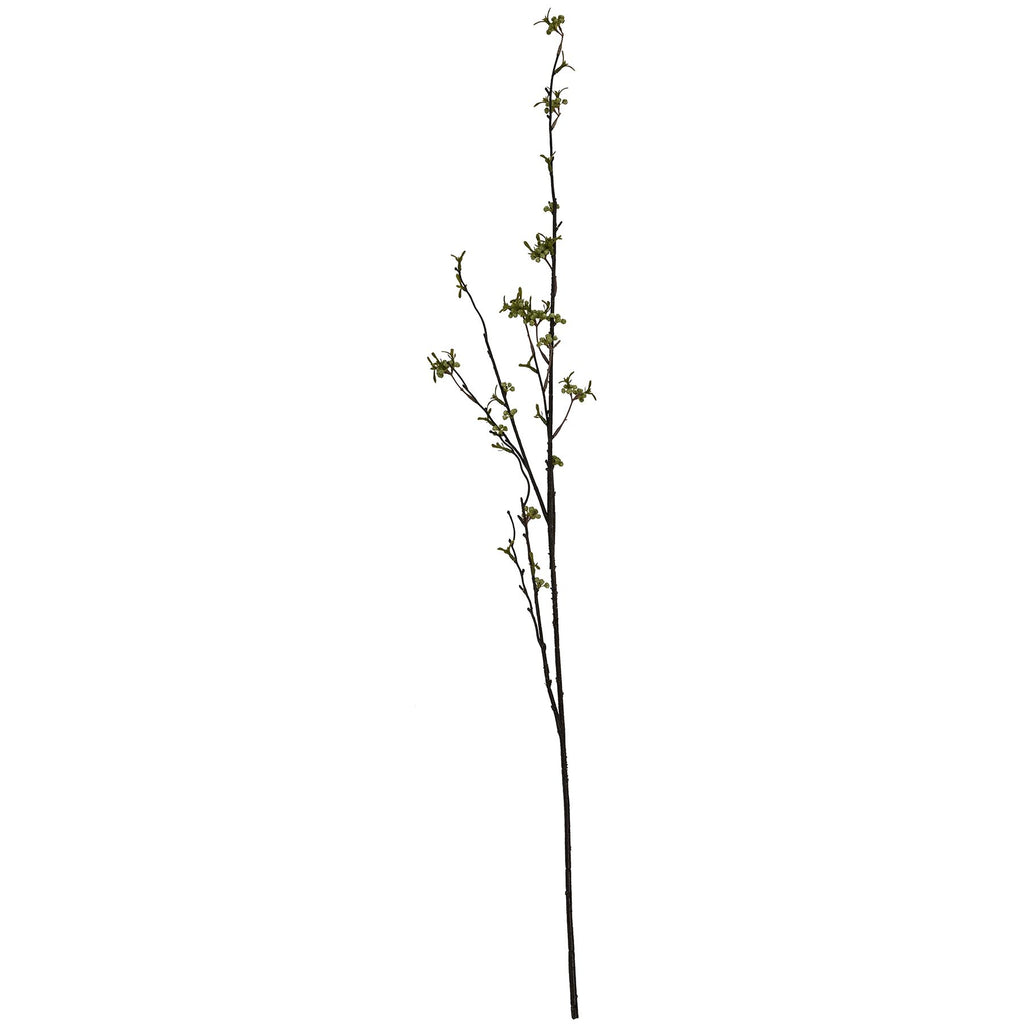 Full view of an artificial berry stem on white, with a long dark-brown main stem, fine side branches and scattered green berry clusters.