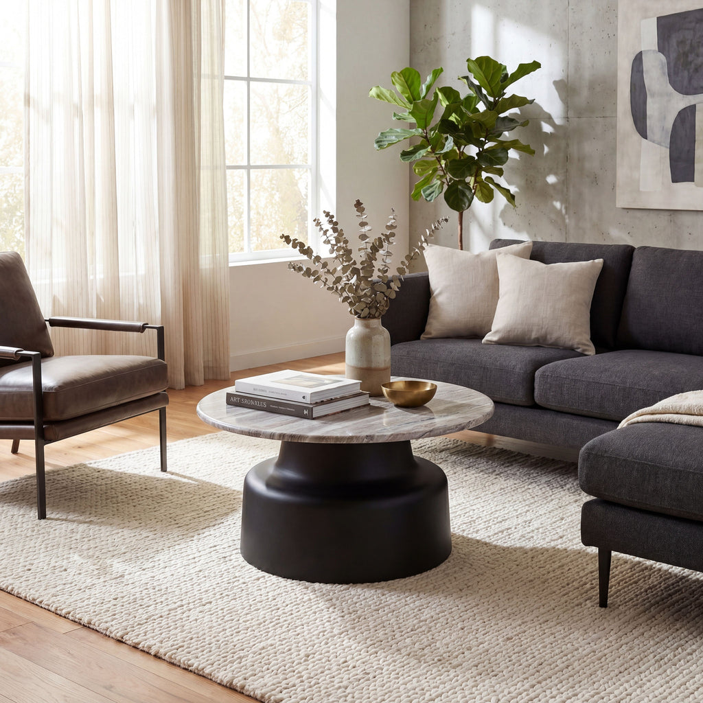 Round pedestal coffee table styled with books, a vase of stems and a bowl on a cream rug beside a charcoal sofa and brown armchair.