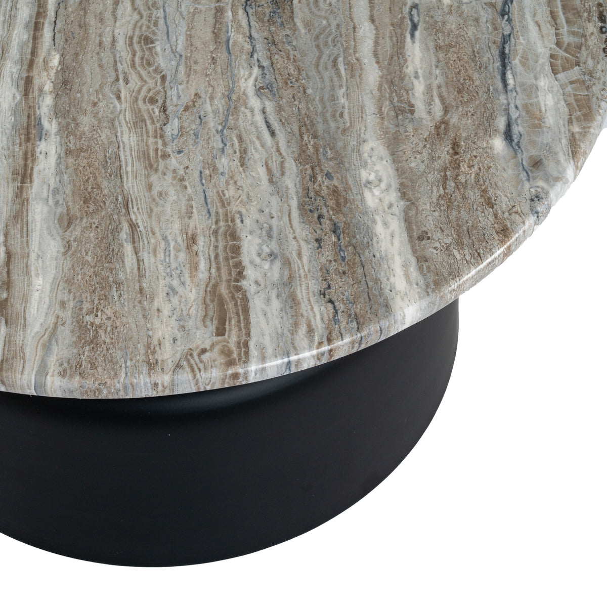 Close-up of grey, brown and white bands and streaks across the tabletop and its curved edge, with the black pedestal below.