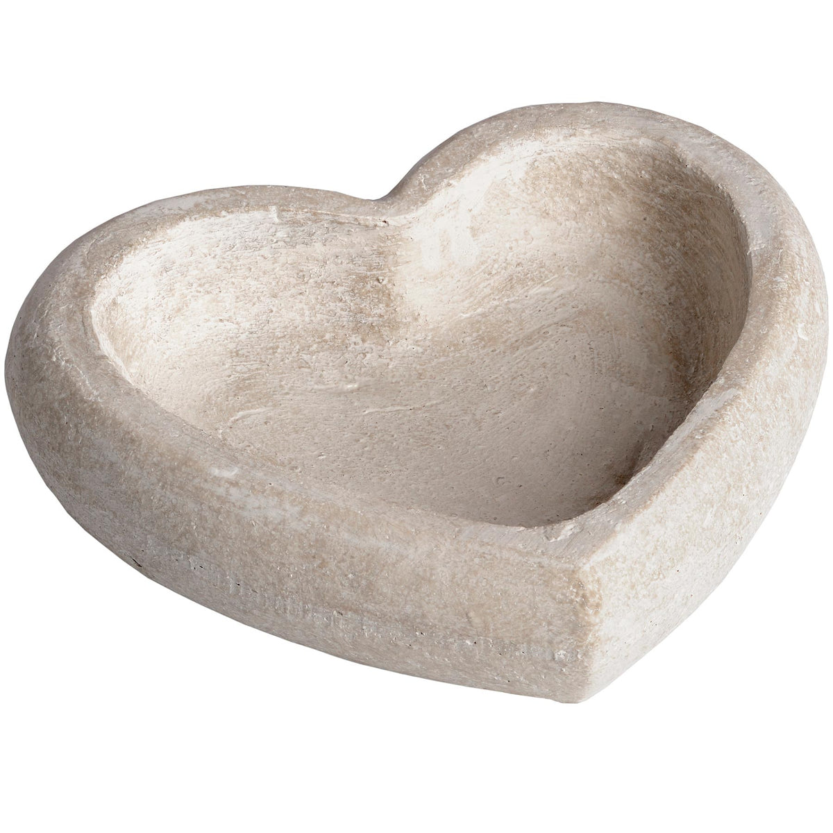 Cream-taupe heart-shaped decorative dish viewed at an angle, showing its thick rounded rim and recessed centre.
