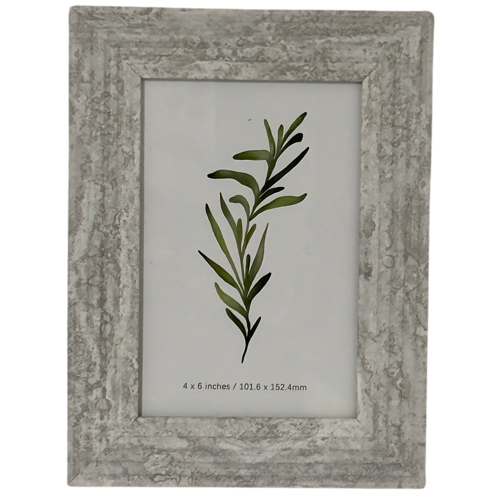 Front view of a pale grey-beige mottled photo frame with a broad border and a botanical insert marked 4 × 6 inches.