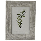Front view of a pale grey-beige mottled photo frame with a broad border and a botanical insert marked 4 × 6 inches.