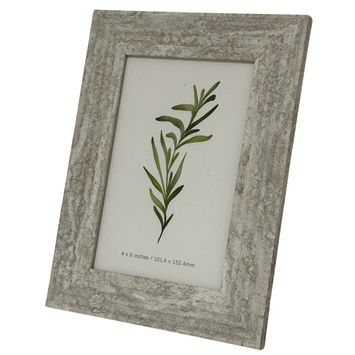 Angled front view of the marbled-looking photo frame, showing its inset ridge around a green botanical insert.