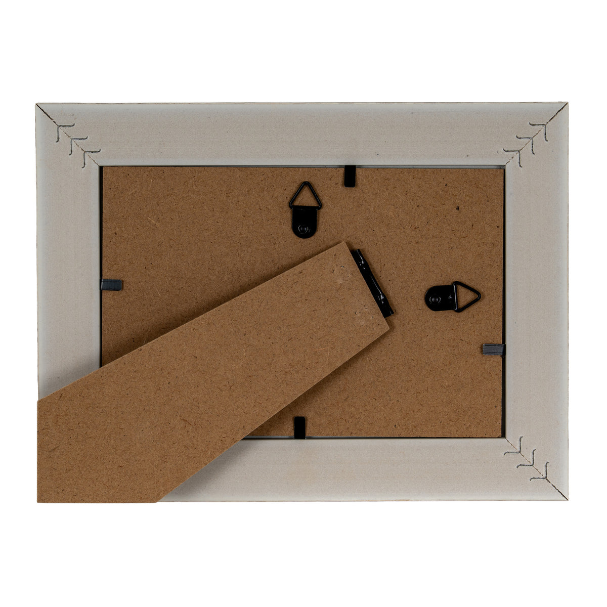 Rear view of the frame with brown backing, an extended fold-out stand, two black triangular hanging loops and retaining tabs.