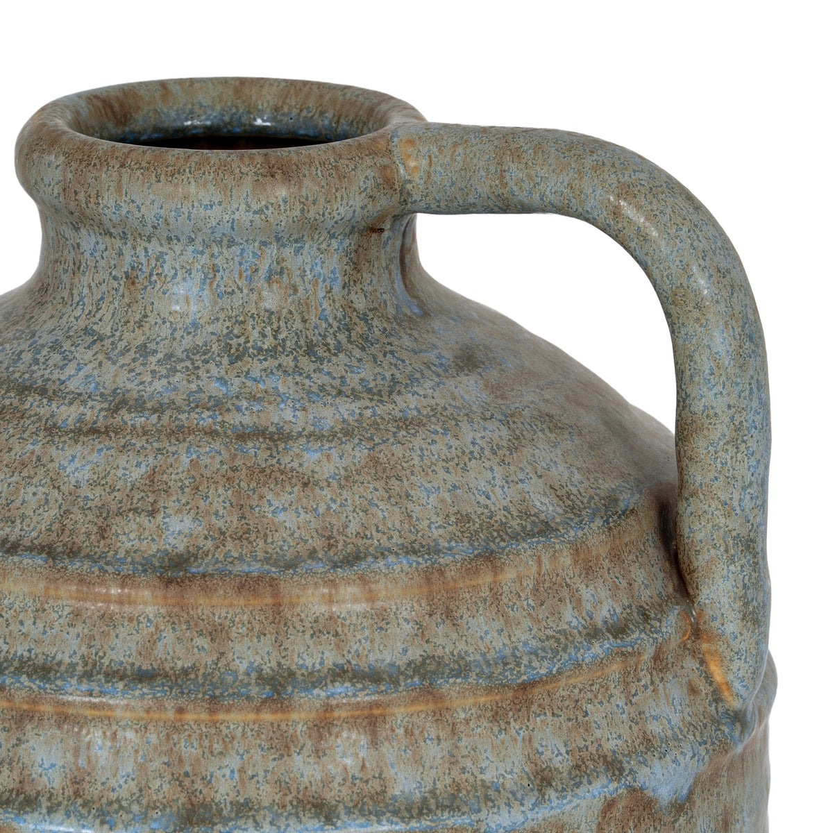 Close-up of the vase neck and high arching handle, with blue-grey and brown mottling across the raised shoulder bands.