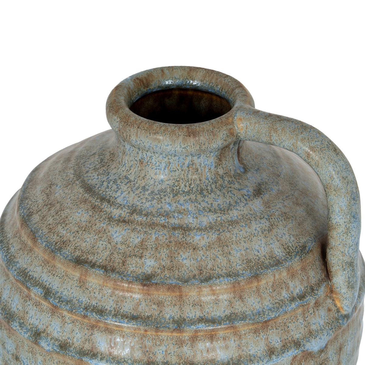 View down into the jug vase opening, showing the thick rolled lip, mottled shoulder and curved handle.