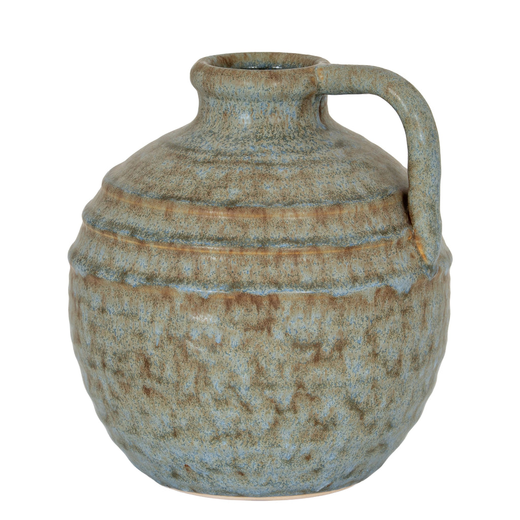 Rounded mottled jug vase on a white background, with raised shoulder bands and a tall handle on the right.