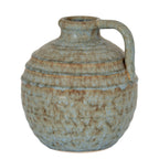 Rounded mottled jug vase on a white background, with raised shoulder bands and a tall handle on the right.