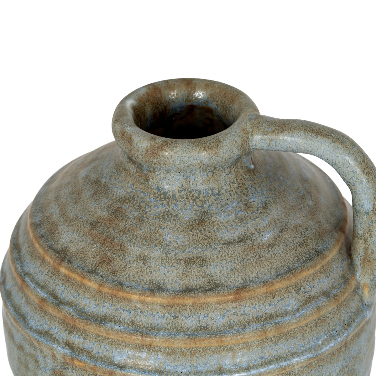 View from above of the jug vase opening, showing the thick rounded lip and blue-grey and brown mottling across the shoulder.