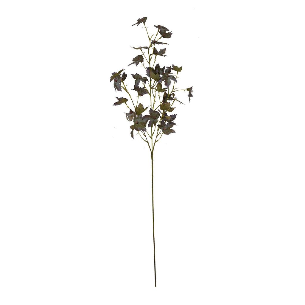 Full artificial foliage stem on white, with a long green-brown stalk and branching sprays of dark mottled leaves.