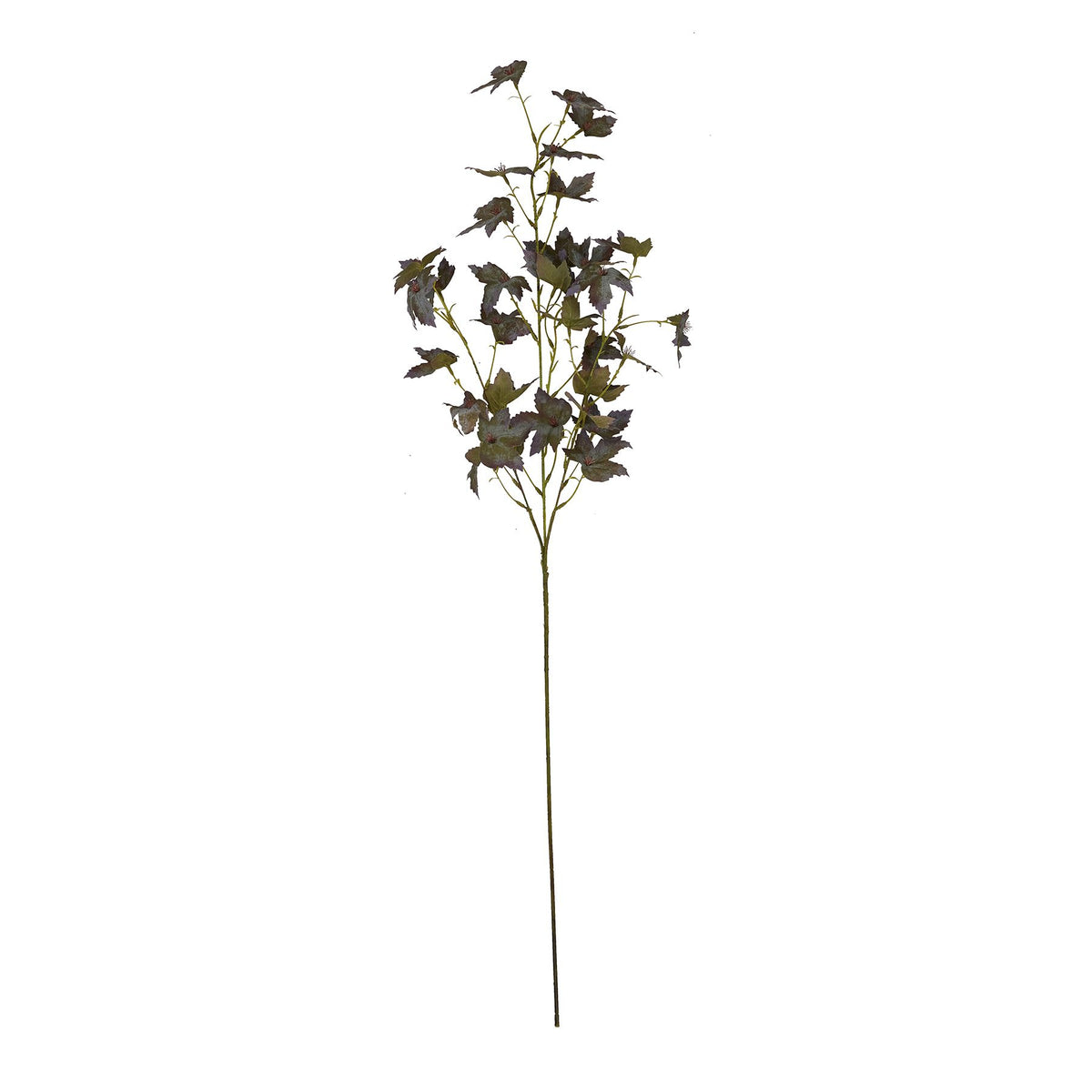 Full artificial foliage stem on white, with a long green-brown stalk and branching sprays of dark mottled leaves.
