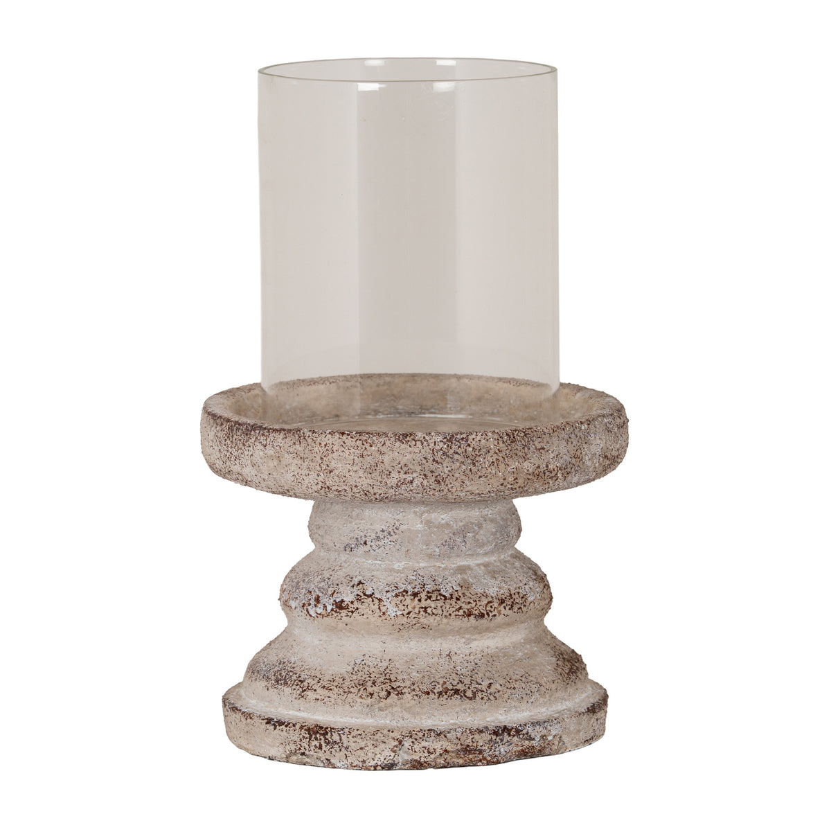 Candle lantern with an open transparent cylinder in a wide raised-edged dish, above a stepped grey-beige pedestal with brown mottling, on a white background.