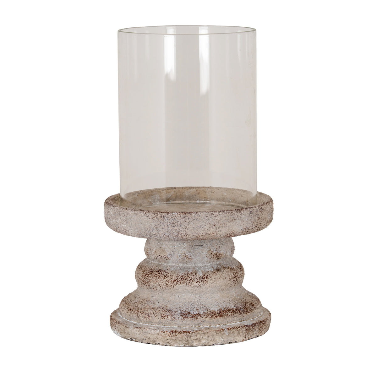 Candle lantern on a white background, with a tall clear open cylinder above a shallow dish and stepped pale grey-beige pedestal with brown speckling.