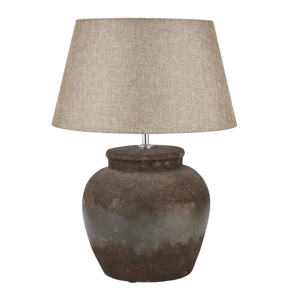 Mottled Pot Table Lamp with a dark rounded base, bright narrow neck and beige tapered shade against a white background.