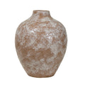 Front view of a rounded ceramic vase with a short narrow neck and mottled brown and ivory glaze against white.