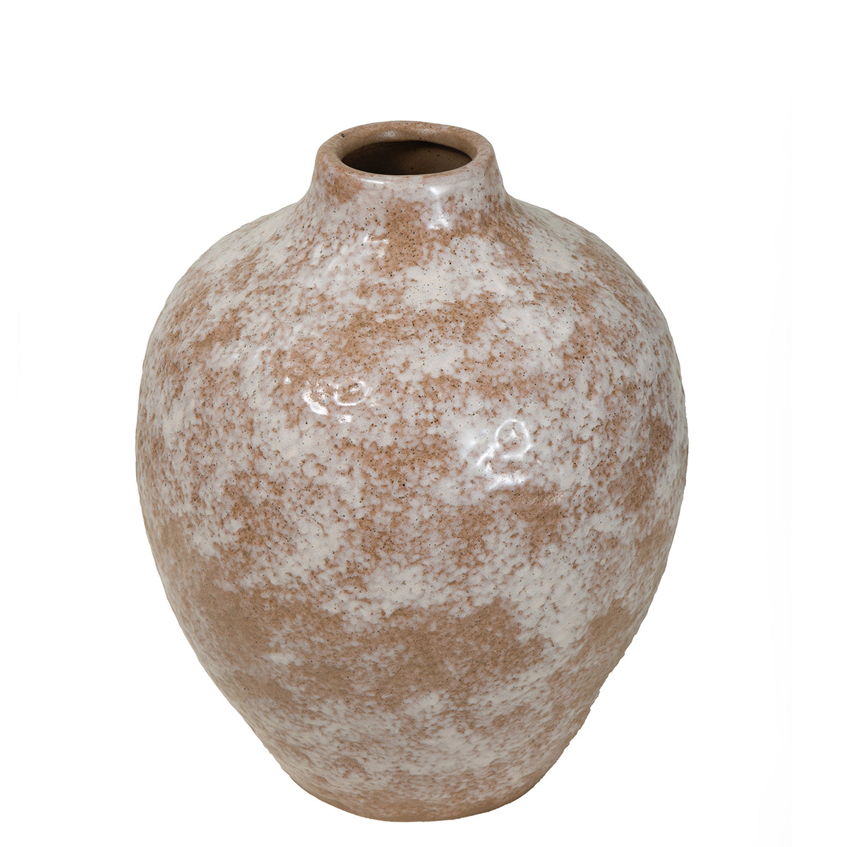 Raised view of the brown and ivory ceramic vase showing its open mouth, curved shoulders and rounded body.