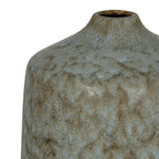 Close-up of the vase's shoulder and neck, showing fine blue-grey streaks and irregular brown patches in the mottled finish.