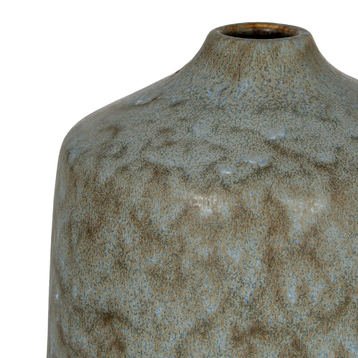 Close-up of the vase's shoulder and neck, showing fine blue-grey streaks and irregular brown patches in the mottled finish.