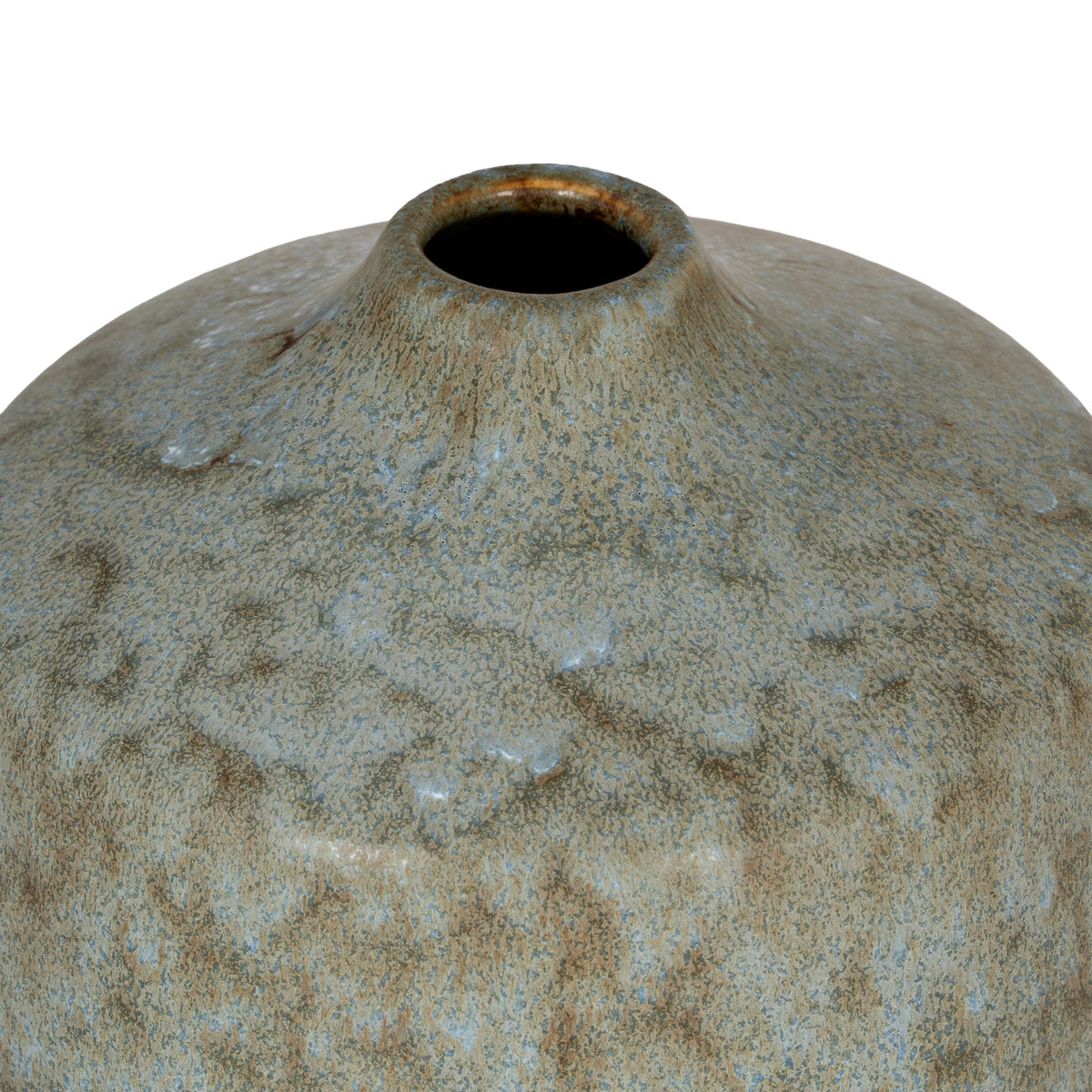 View from above the vase's circular opening, with a warm-brown inner rim and broad shoulders covered in blue-grey and olive mottling.