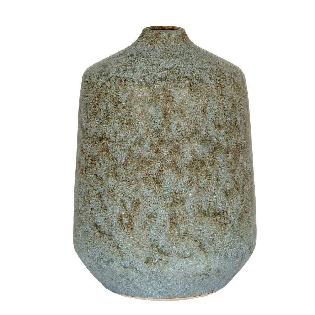 Mottled blue-grey, olive and brown bottle vase with a rounded rectangular body, sloping shoulders and a short narrow neck.
