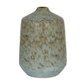 Mottled blue-grey, olive and brown bottle vase with a rounded rectangular body, sloping shoulders and a short narrow neck.