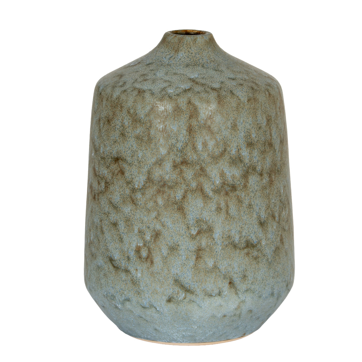 Mottled blue-grey, olive and brown bottle vase with a rounded rectangular body, sloping shoulders and a short narrow neck.