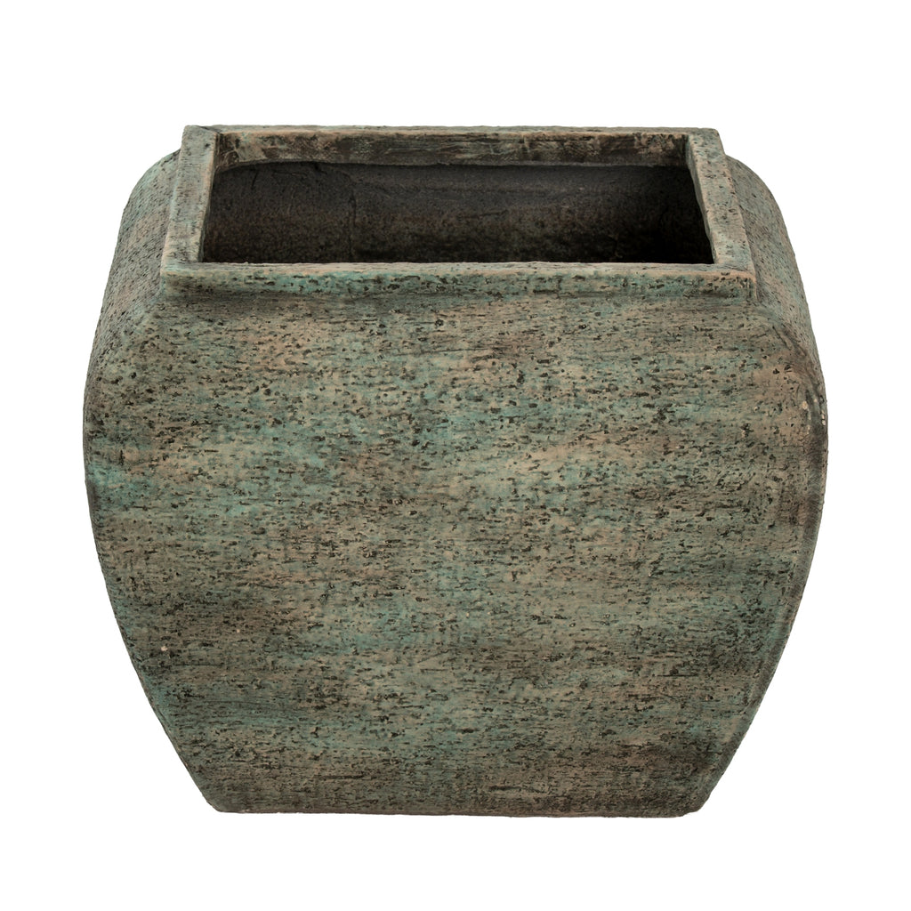 Single mottled planter viewed from the front and slightly above, showing its square opening, broad curved body and taper towards the base.