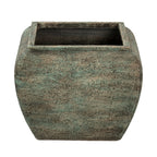 Single mottled planter viewed from the front and slightly above, showing its square opening, broad curved body and taper towards the base.
